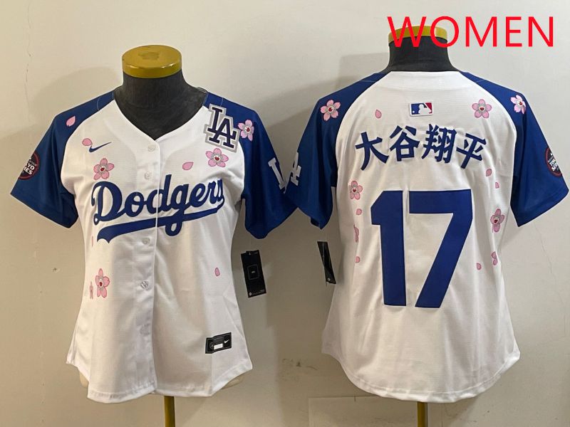 Women Los Angeles Dodgers #17 Ohtani White Blue Sakura Edition 2025 Nike MLB Jersey style 14->women mlb jersey->Women Jersey